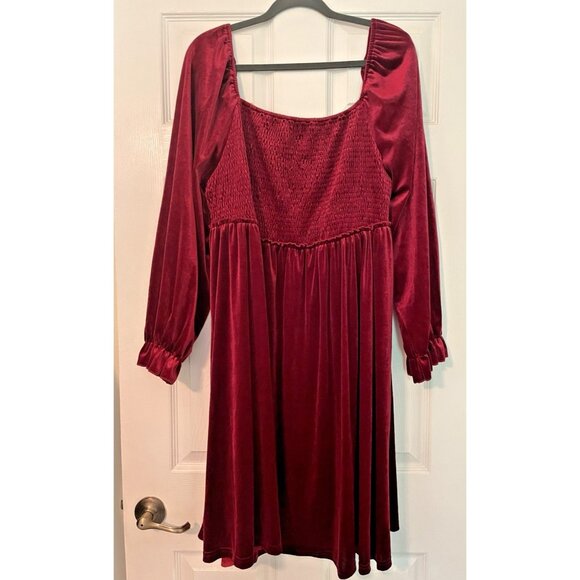 Cranberry Red Velour Dress 4X Empire Waist peasant Square neck Holiday Party - Picture 1 of 9